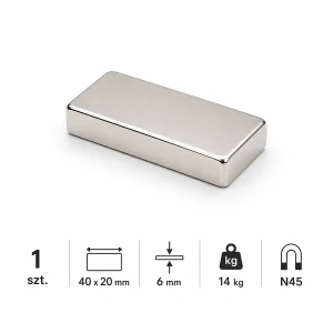 MPŁ 40x20x6 N45 magnes neodymowy płytkowy