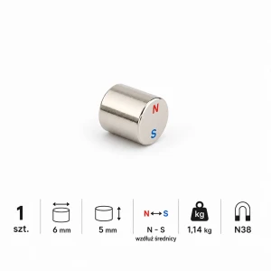 MW 6x5 N38 magnesowany wzdłuż średnicy